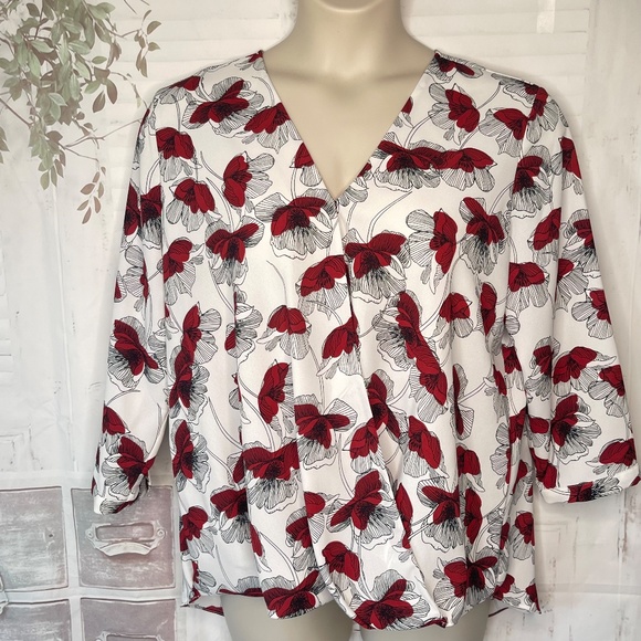 Alfani Tops - Alfani Womens White Burgandy Floral Blouson Wrap Top Blouse Sz. 16 Pre-Owned